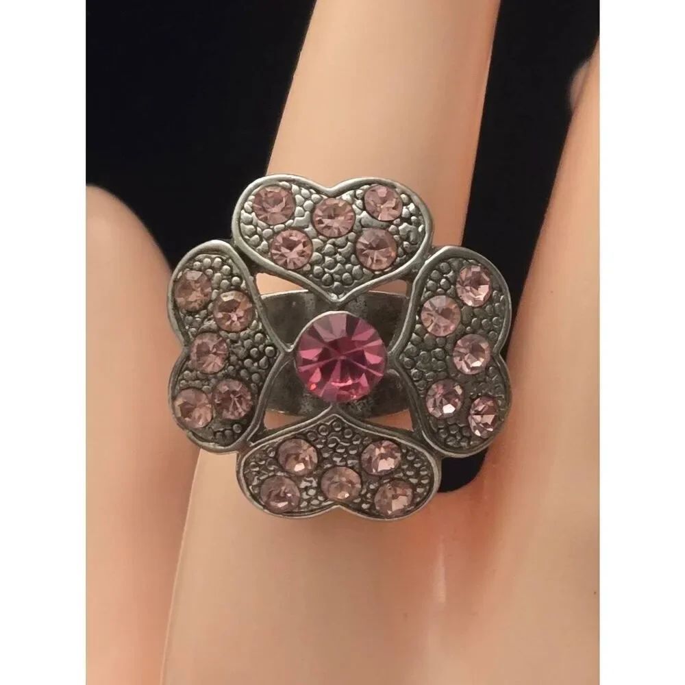 Women's Vintage Pink Rhinestone Heart Flower Silver Tone Adjustable Ring